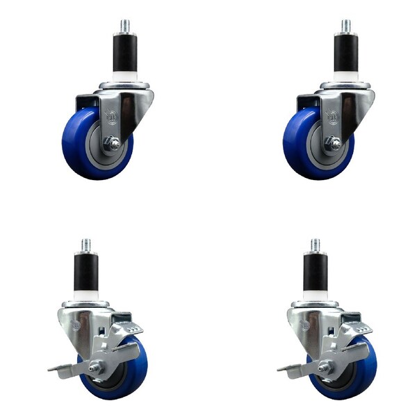 Service Caster 3'' SS Blue Poly Wheel Swivel 1-3/8'' Expanding Stem Caster Set 2 Brakes, 4PK SCC-SSEX20S314-PPUB-BLUE-2-TLB-2-138 - main